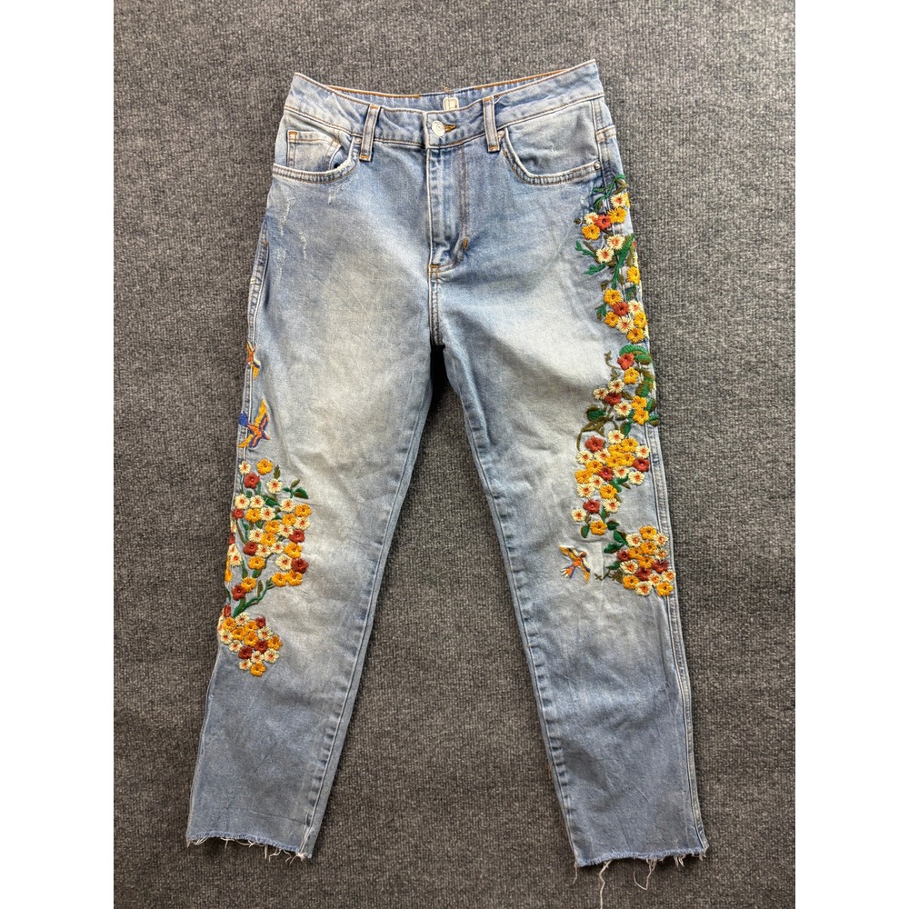 Free People Jeans Womens 27 Blue Floral Bird Embroidered Straight Leg Raw Hem